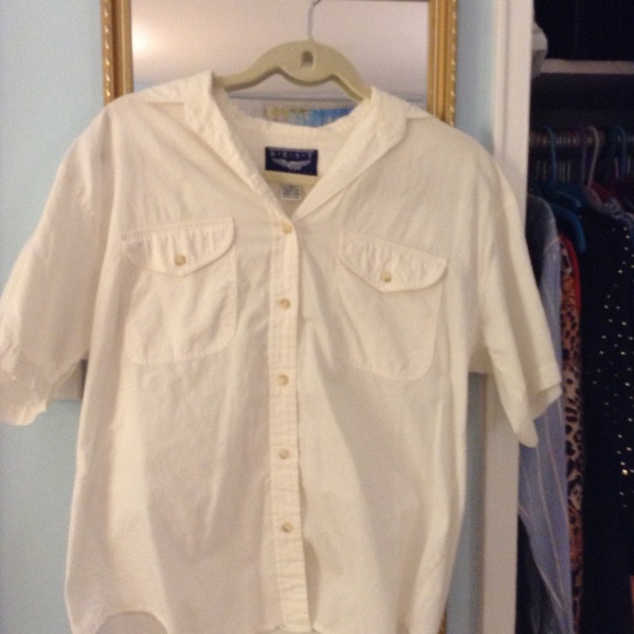 Best American Off White Short Sleeve Blouse Two Pockets Size Small 100% Cotton - Picture 1 of 1